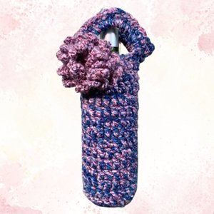 Wine Tote Wine Bag, Heather Blue Pink With Pink Flower